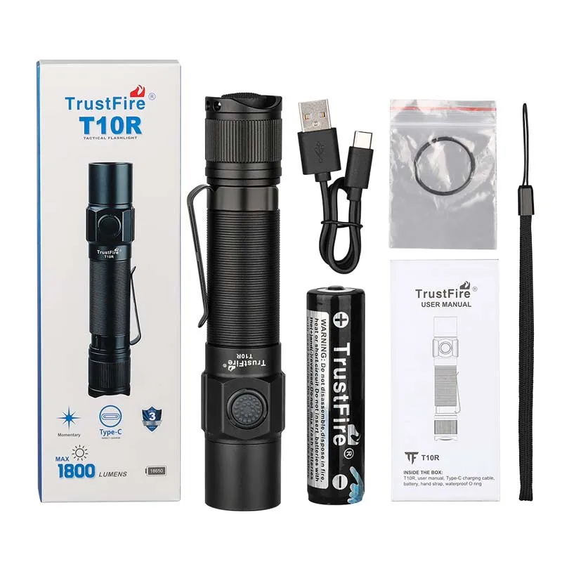 Trustfire T10R 1800LM USB C Handheld Flashlight LED Camping Flashlight 18650 Tactical Torch Light
