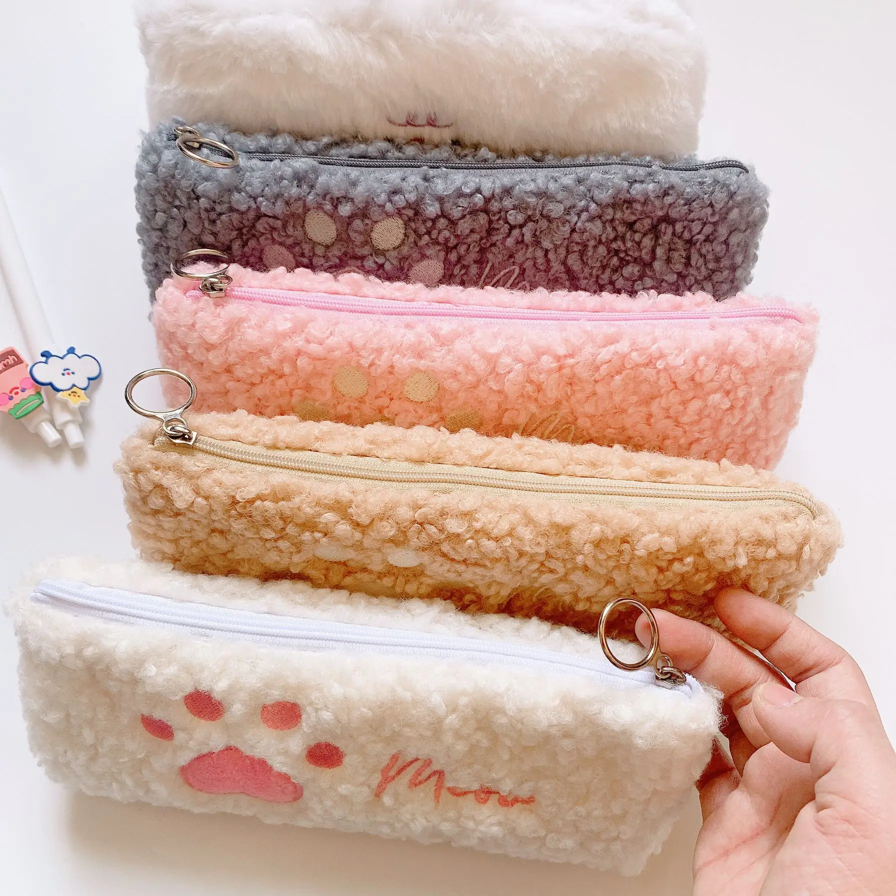 Wholesale cute soft plush embroidery cat paw pencil case kawaii pen pouch stationery school pencil case for girls