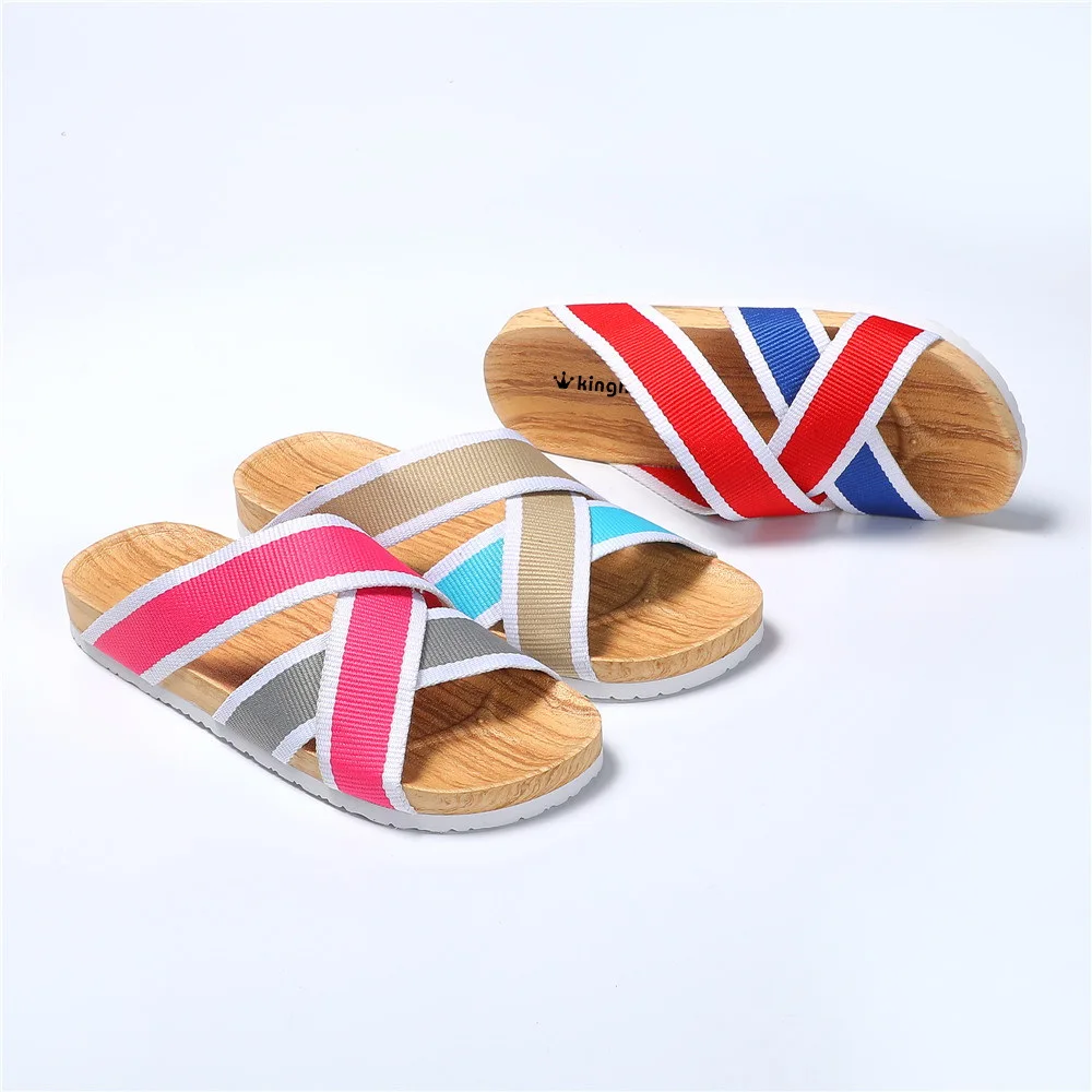 Latest ladies fashion breathable beach sandals EVA Imitation wood slides summer webbing upper slippers custom slides for women