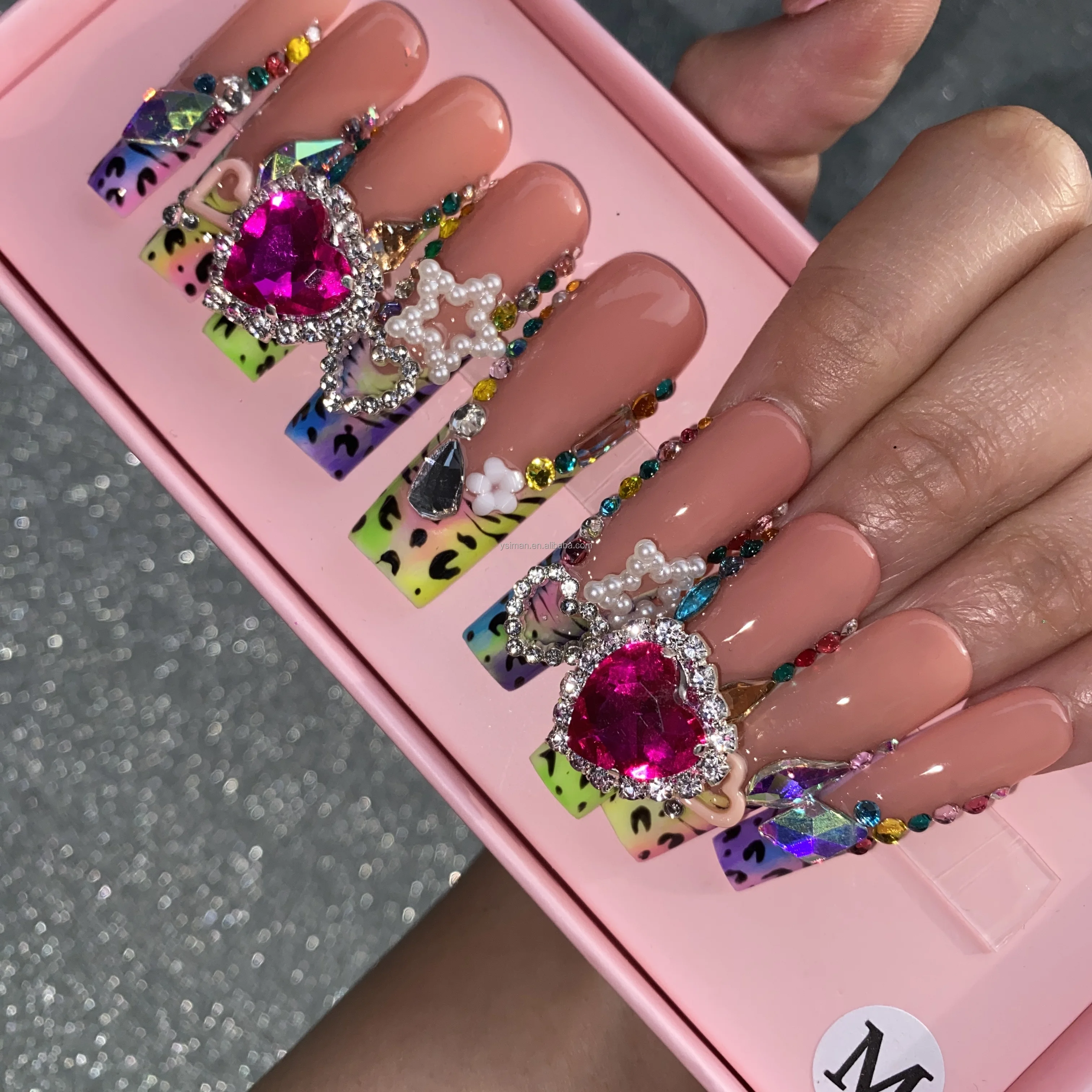 INS fashional full cover false nail tips 50MM XL glittery rhinestone press on nails reusable artificial false nails