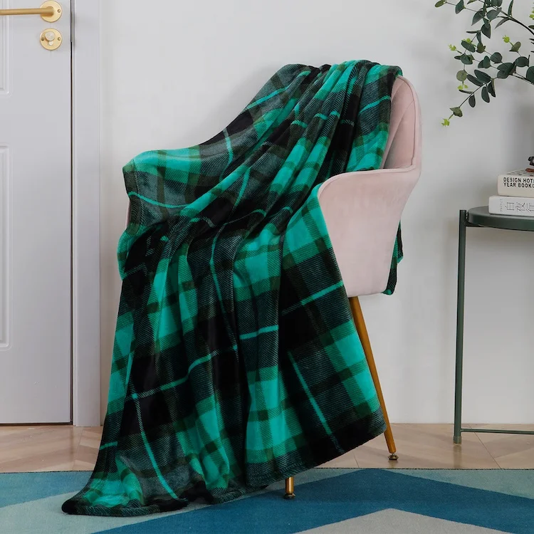  Plaid green blanket printing service Throw blankets personalized Microfiber comforting flannel fleece lush