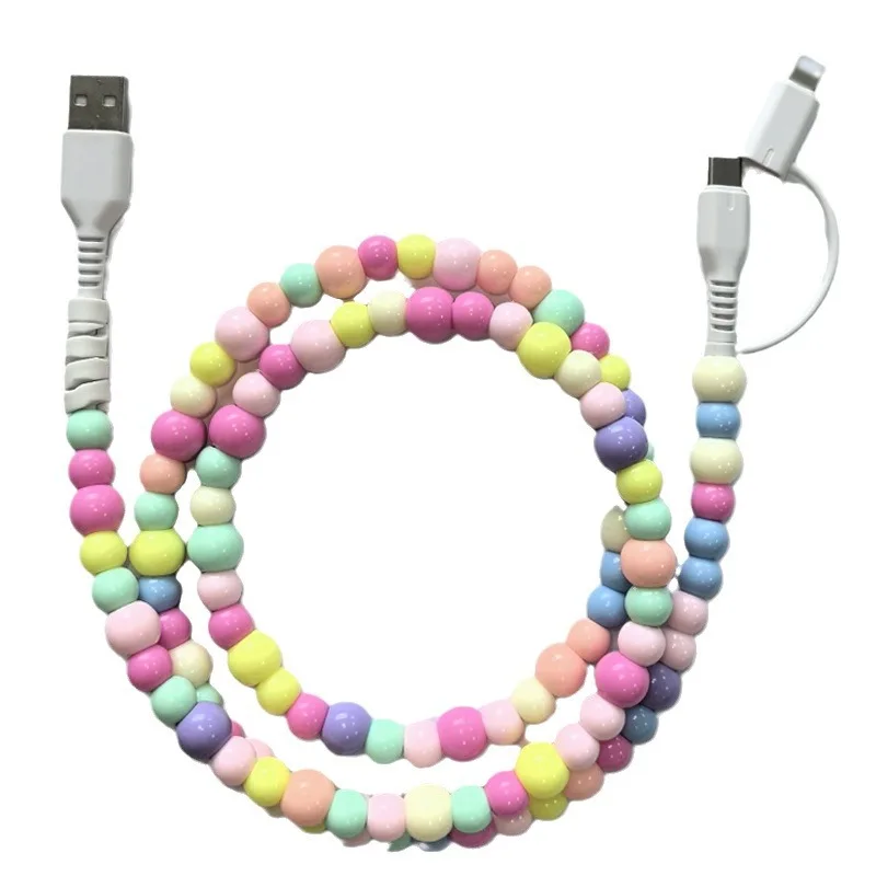 Multicolor Acrylic Beaded Charging Cable Clear Beads Durable 2 in 1 Mobile Phone Data Cable