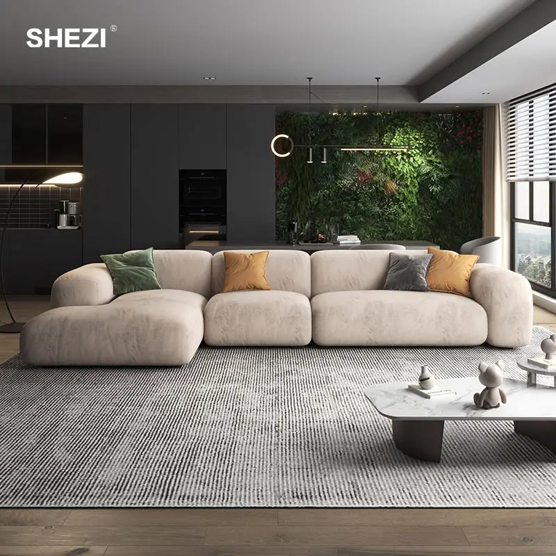 SHEZI Nordic Luxury L Shape Living Room Sofa Simple Hotel Villa Velvet Modular Sectional Sofa Couch Set
