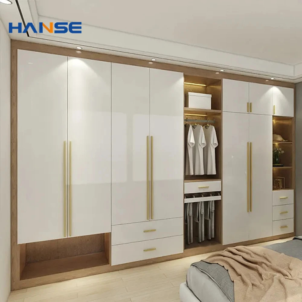 Modern mdf wooden cloth cabinet storage wardrobe furniture design custom bedroom white 6 door oak wood board wardrobe