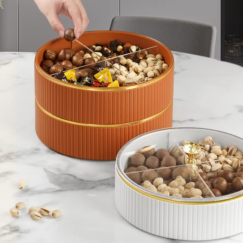 Round divider snack box with lid Luxury leather multi-layer divider snack tray with handles snack transparent storage box