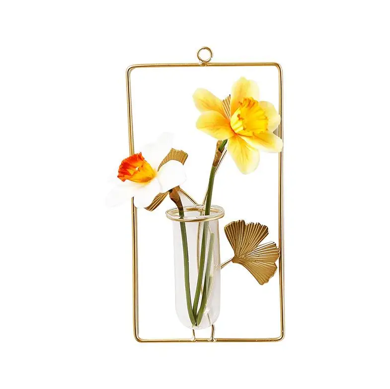 Nordic Wall Vase,Gold Geometric Vase Hanging Hydroponic Planter,Wall-Mounted Metal Glass Tube Bud Vase Decorative