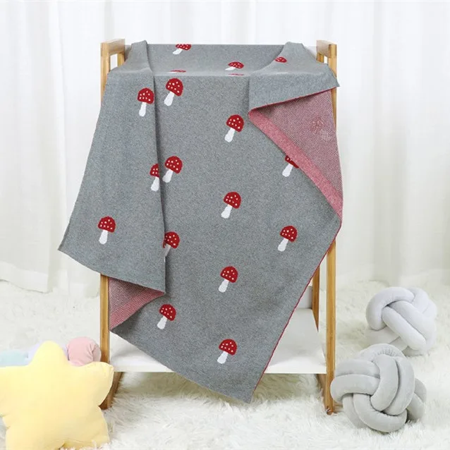 Cotton Knit Toddler Swaddling Blanket Mushroom Jacquard Baby Blanket for Newborn