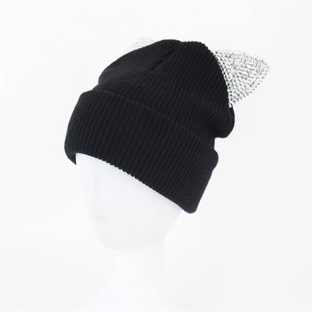 Шапка-бини с камнями зимняя шапка для женщин Новое поступление милая Теплая Вязаная в рубчик кошачьими ушками и стразами девушек