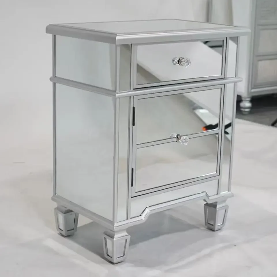 Wholesale Classic Design Silver Mirrored Nightstand For Bedroom Living Room Hotel Mirrored Bed Side Table