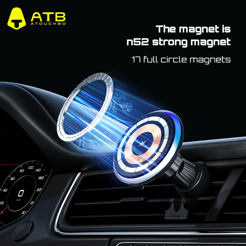 Magnetic Wireless Fast Charger 15W with LED Ambient Light Mobile Phone Stand Car Air Vent Mount Holder For Phone