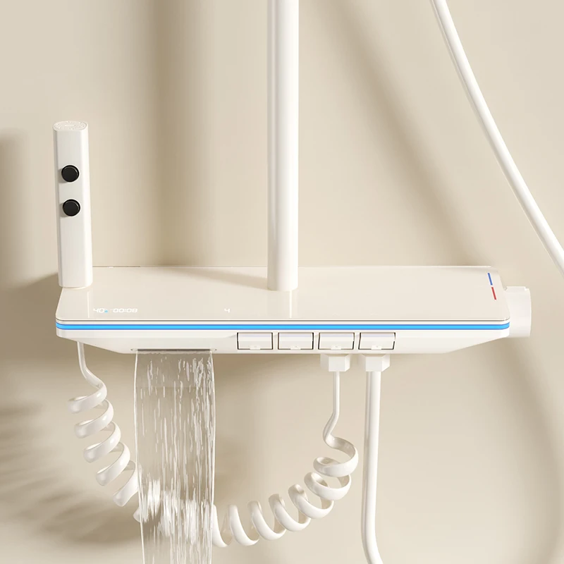 TikTok Trend Copper Exposed Shower Mixer Piano Key 4 Functions LED Digital Atmosphere Ambient Lighting Rainfall Shower Set