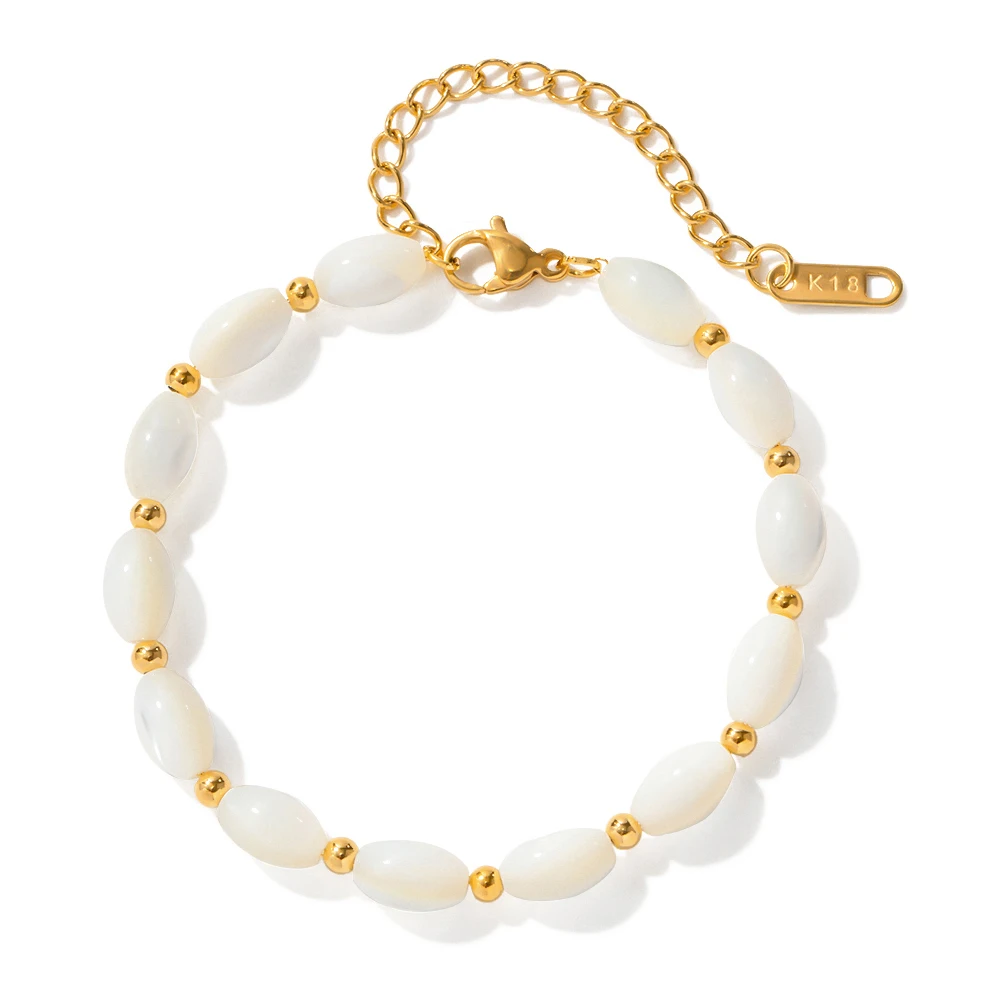 Summer Jewelry Charm Bead Bracelet Stainless Steel Natural White Oval Shell Stones Bracelet for Women