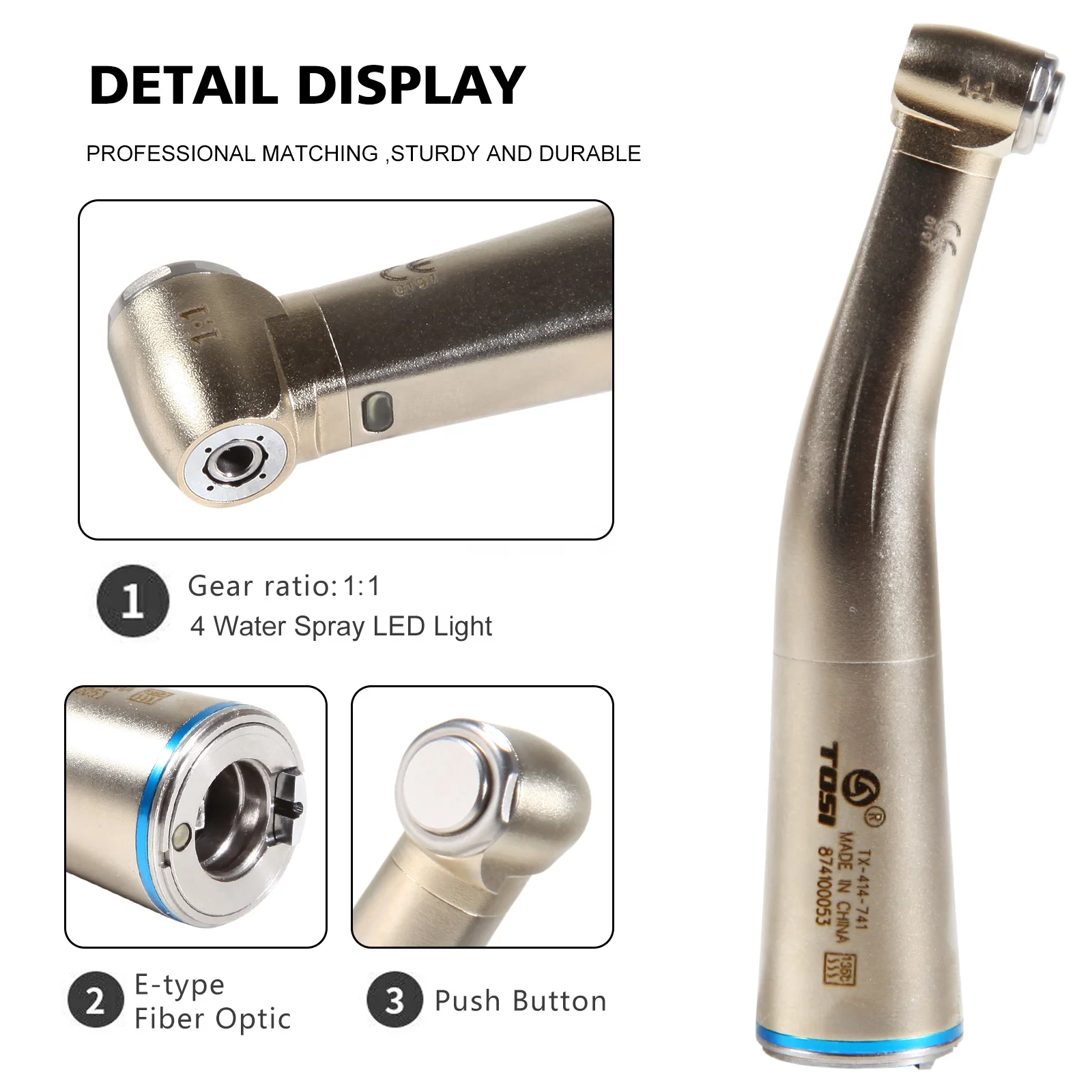 Hot Selling! Dental 1:1 Fiber Optic Contra Angle Handpiece Push Button Fit NSK E-Type TOSI