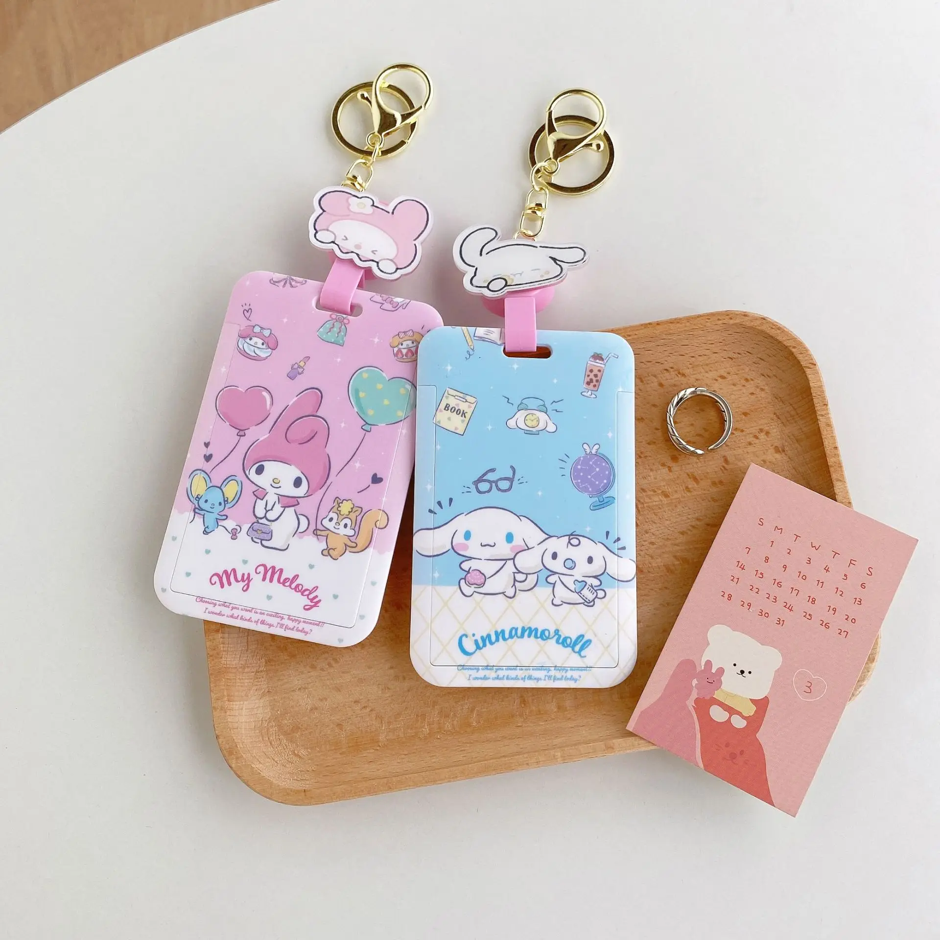 sanrio series card holder kawaii anime Melody Cinnamoroll Kuromi bag pendant Retractable Buckle card keychain holder