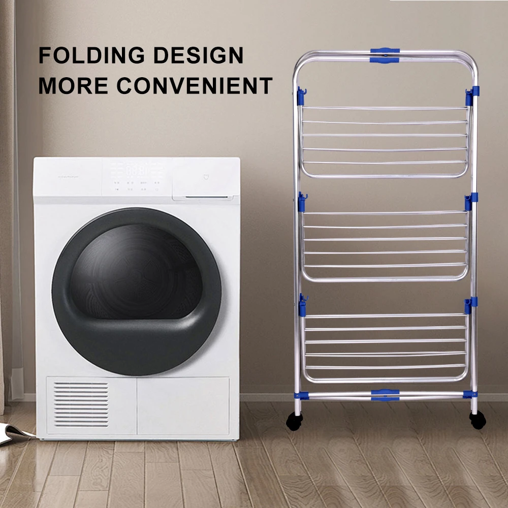 3 Tier Aluminum Cloth Drying Stand Folding Clothes Drying Rack Clothing Rack Tower Dry With Wheel