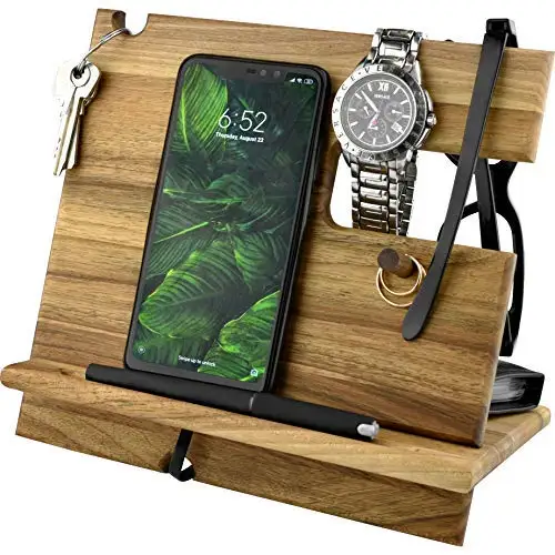 Natural Walnut Eco Handmade Wooden Docking Station Nightstand Organizer for Men Phone Tablet Watch Holder Charging Station