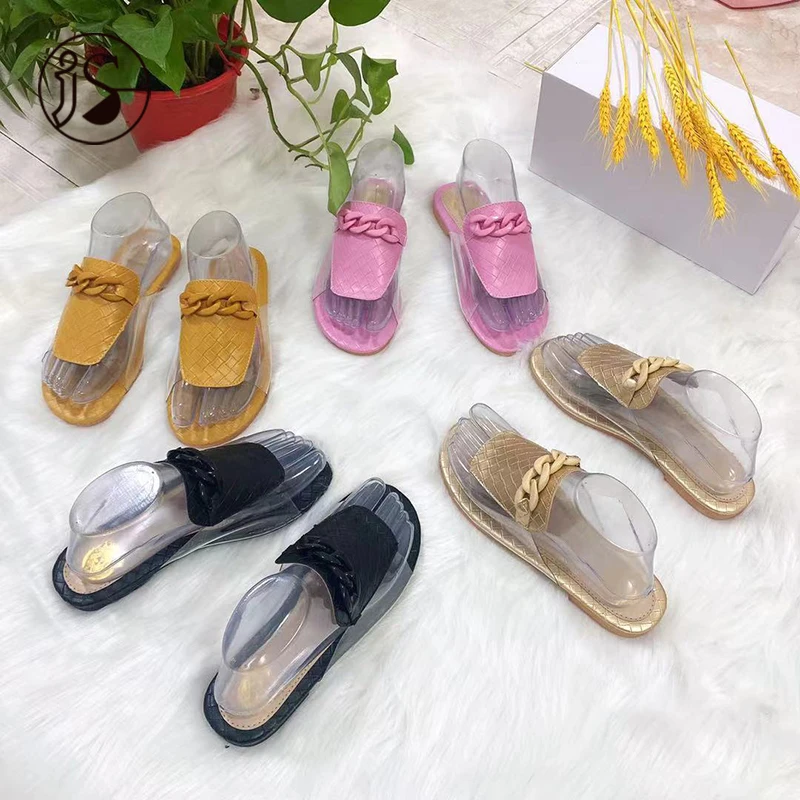 2023 Summer Hot sale ladies Sandal fashion transparent chains decorative woven solid color patchwork women flat slippers