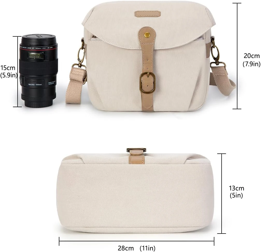 Camera Bag, SLR DSLR Canvas Camera Case, Vintage Padded Camera Shoulder Bag with Rain Cover for Women and Men, Ivory White