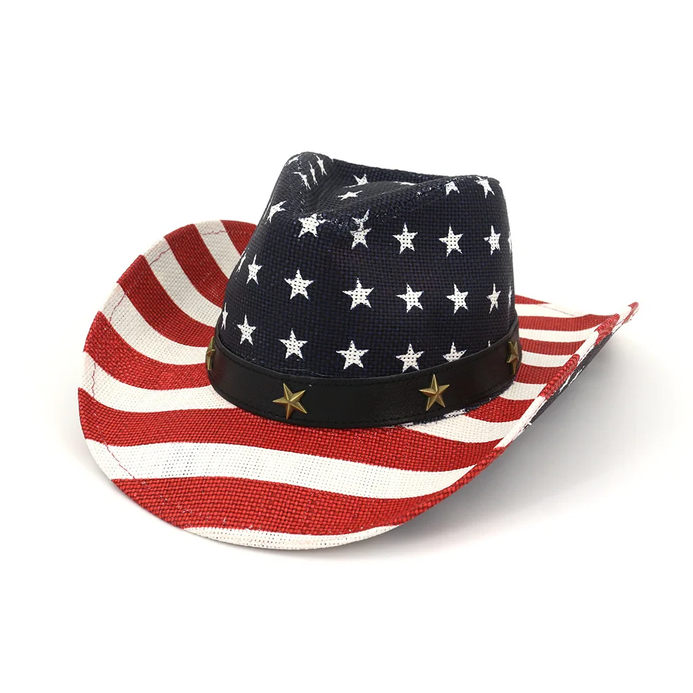 Classic American Flag Western Vintage Summer Sunhat Western Style Cowboy Straw Hat Flag