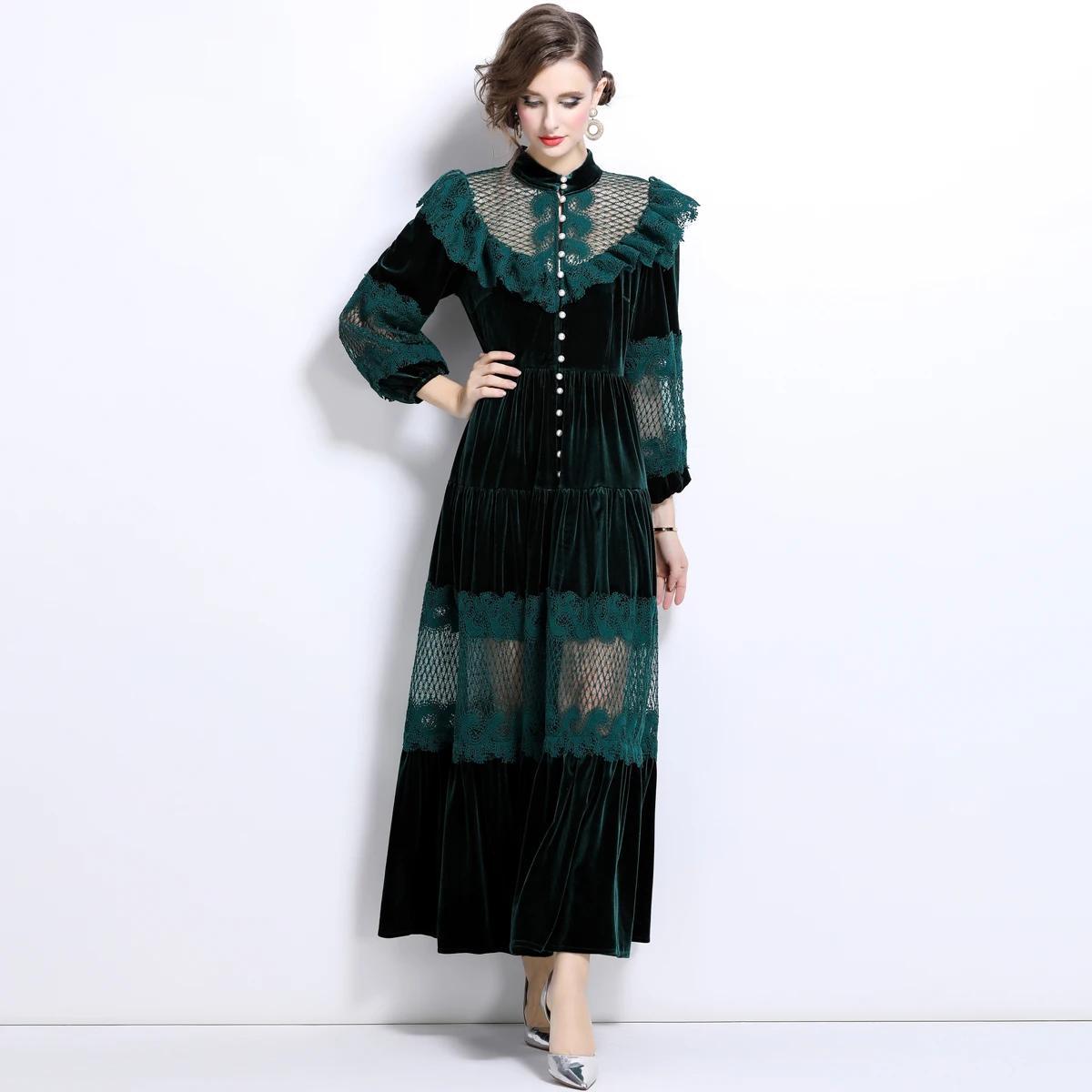 Droma water soluble lace ruffled single row pearl buckle ladies long sleeve beautiful dresses winter loose velvet green dress