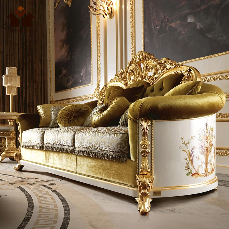 Hampton Style Gold Antique Sofas Handmade Royal Decor Home Furniture Set Victorian Villa Couch With Cushion Long Service Life