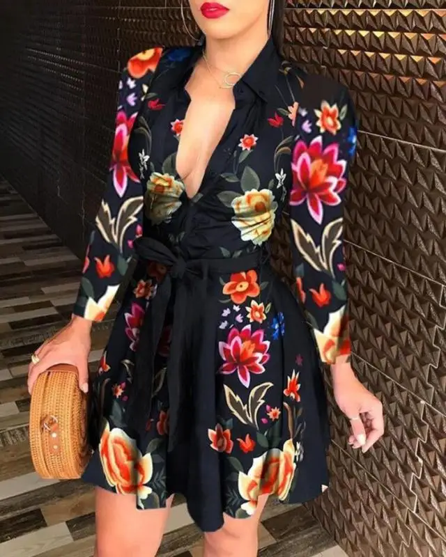 vestidos mujer summer casual dress solid colour chain print printed belted blouse shirt floral casual dresses