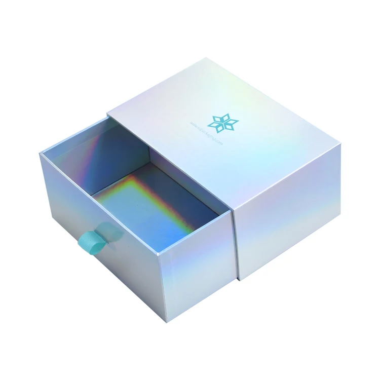 Custom Logo Fashion Luxury Silver Holographic Laser Paper Beauty Cosmetics Packaging Gift Box Rigid Cardboard Sliding Drawer Box