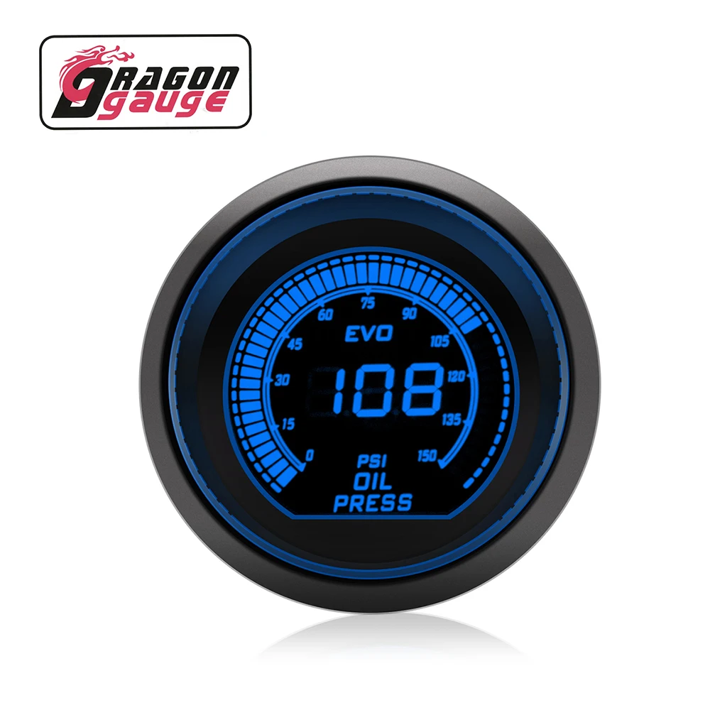 DRAGON GAUGE Liquid Crystal Display 52mm 150 PSI Oil Pressure Gauge With Sensor Auto Meter Blue Red lights Digital 12v (6256-B)