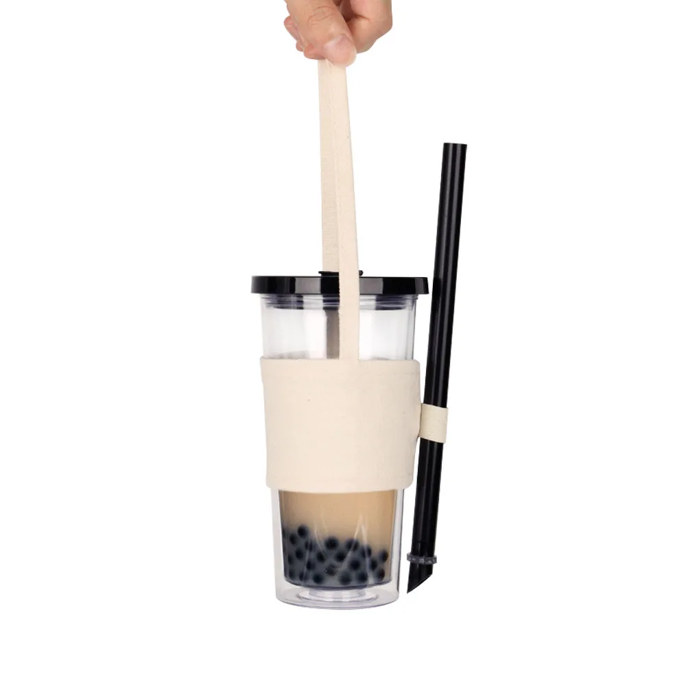 
Bubble Tea Cups with Sealable Lid, Plastic Doublw Wall Boba Cups with Handle Bag BPA Free Boba Tumbler with Straw and Brush 