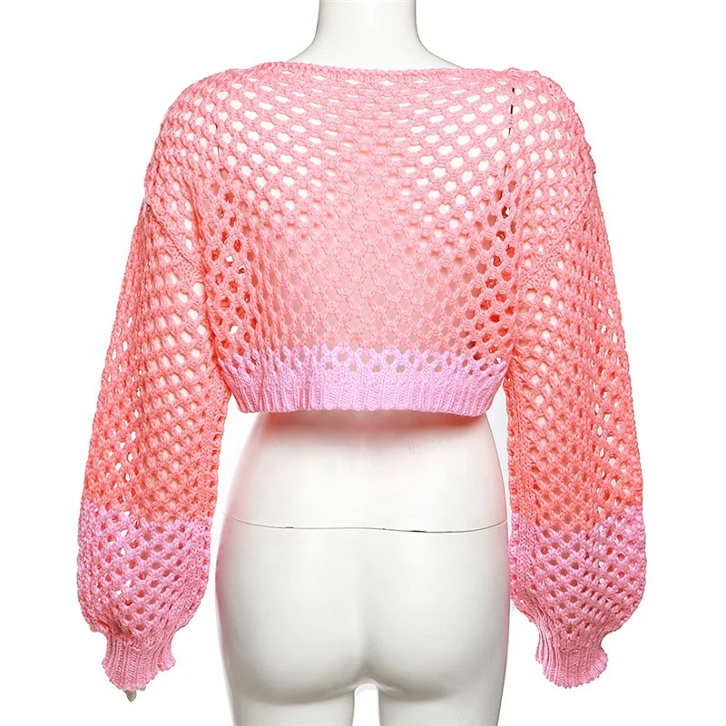 Pink Round Neck Long Sleeve Knit Crop Sweater Women Drop Shoulder Sexy See Through Spring Summer Knitting Pullover Top