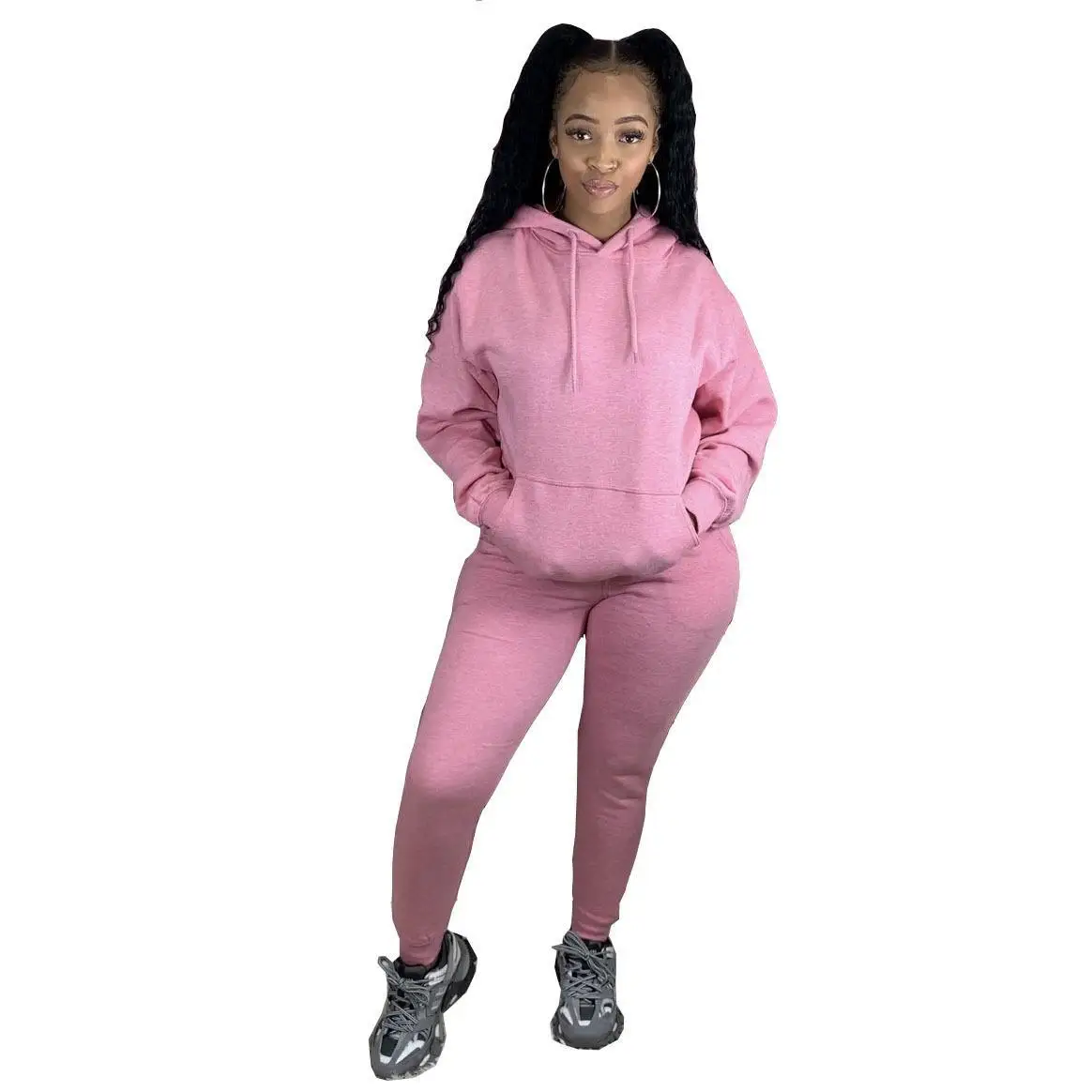 Trendy Casual Sports Multiple Color Plain Women Sweatpants And Hoodie Set