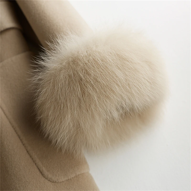 Women Winter Real Fox Fur Coat Jacket 2021 Female Lady Over Size Wool Blends Parka Trench Cape Z21172