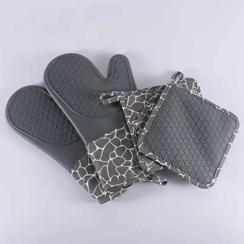 oven mitts pot holder set Heat Resistant Kitchen Cotton Lining Oven Gloves Non-Slip Silicone Cooking Baking Grilling