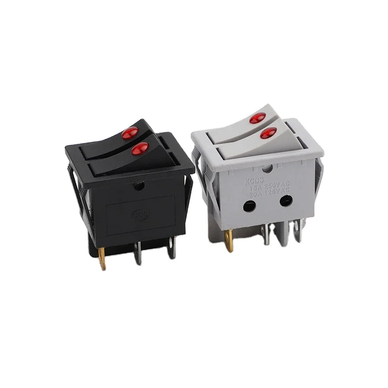 KCD3 double button red dot light on off Rocker Switch 6 pins Black/Grey Rocker Switch 15A 250VAC