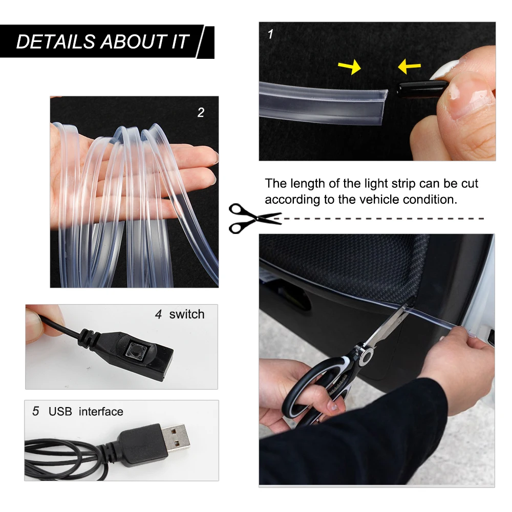 KEEN New LED Optic Fiber Strip with Switch RGB Interior EL Cold Light USB Flexible Neon Decorative Atmosphere Ambient Lights