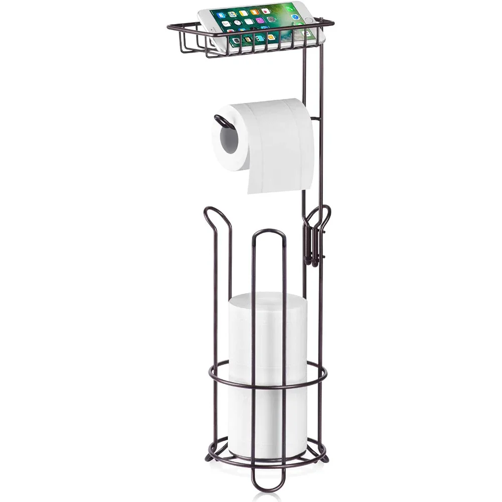 Essential Bathroom Accessories Metal Tissue Roll Holder Stand Toilet Paper Holder Freestanding with Shelf