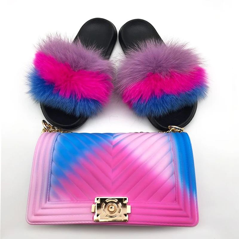 Fashion Outdoor Soft Real fluffy Flip Flops Home Sets Sandals 2019 Fur Slides And Matching Purses Slippers Women Fur Slides
