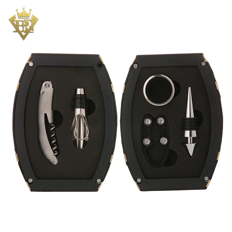 Opener Pourer 5 Piece Wine Bottle Accessory Gift Set with Wine Barrels Box