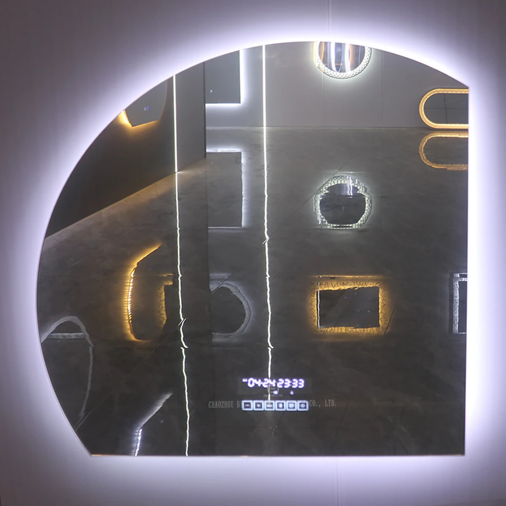 Customized Decorative Frameless Wall Mounted Smart Mirrors Bathroom Half Moon Mirror With Led Light And Bluetooth