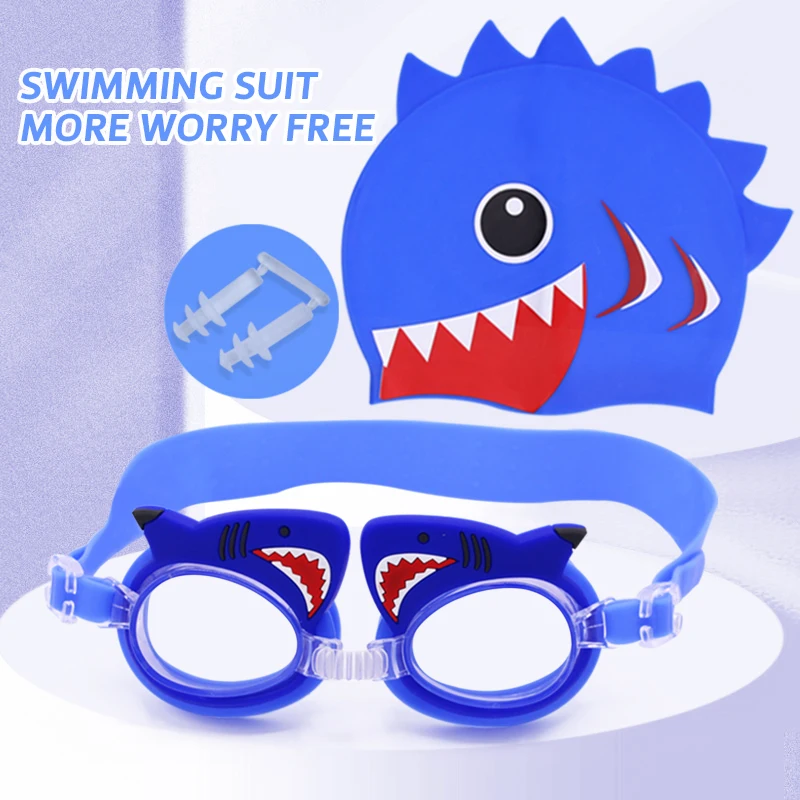 Stock Swimming Suit Goggles Swim Cap Nose Clip Ear Plugs Wholesale Cartoon Waterproof No Leaking Anti-Fog Swimming Set For Kids