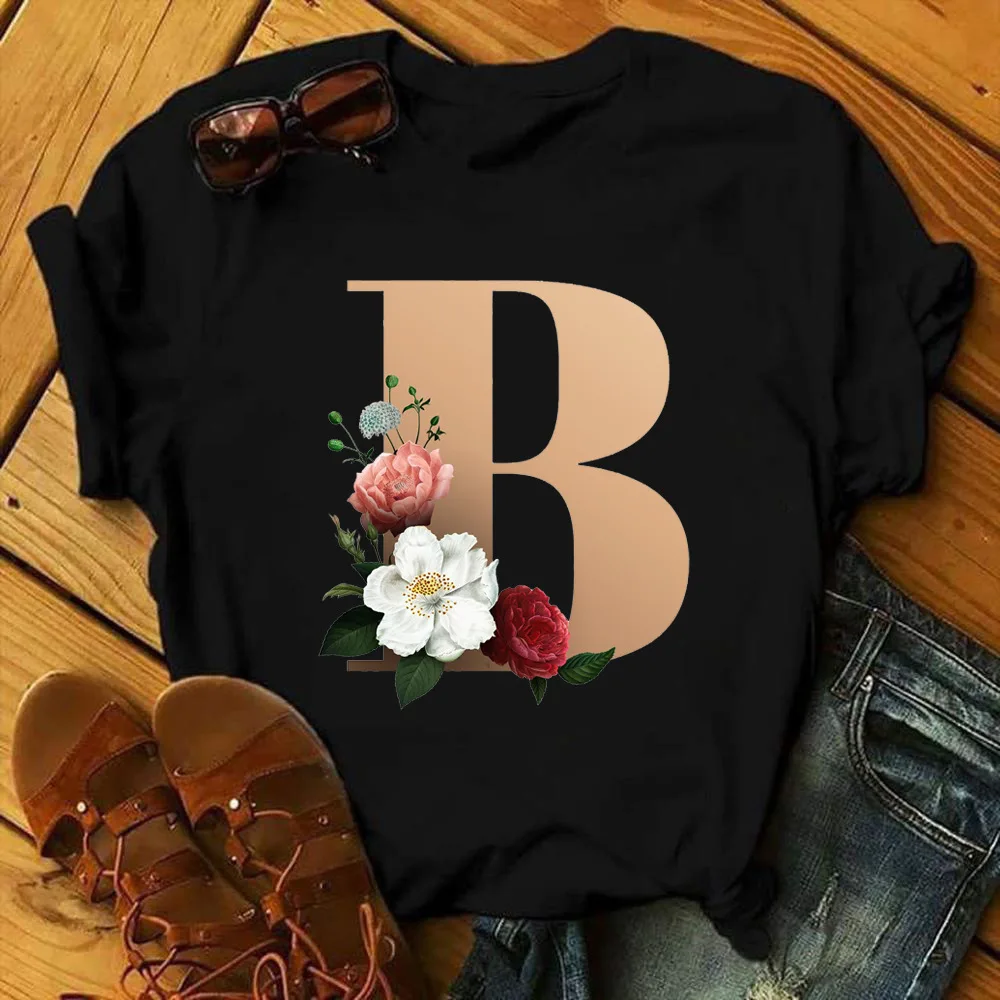 Изготовленный на заказ со словом рисунком именем буквами комбинации модная женская футболка с принтом цветок шрифт A B C D E F G Топы коротким рукавом черная одежда