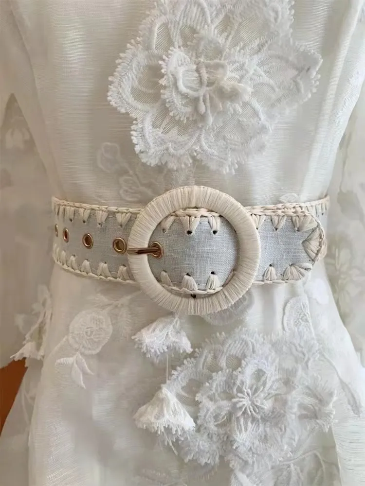 Wholesale Getspring Women Dress Vintage O Neck Puff Sleeve Flower Belt Large Hem Long White Lace Dress Party Dress 2022