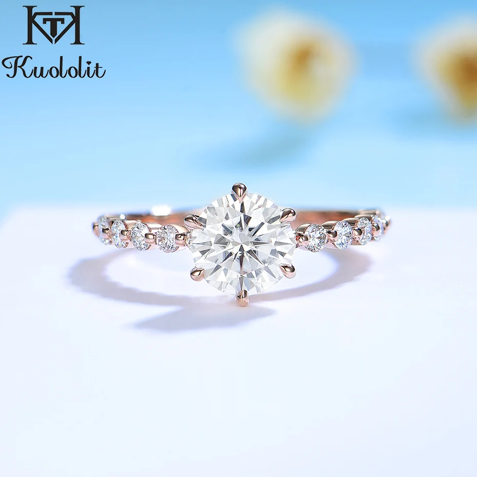 Customize Jewelry Kuololit 585 10K Rose Gold Ring for Women Solid 925 Silver Oval 1.5CT Moissanite Ring Matching Eternity Band