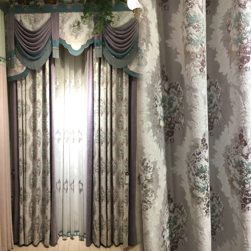 Luxury Popular Jacquard Dubai Curtain with Attached Valance for Living Room