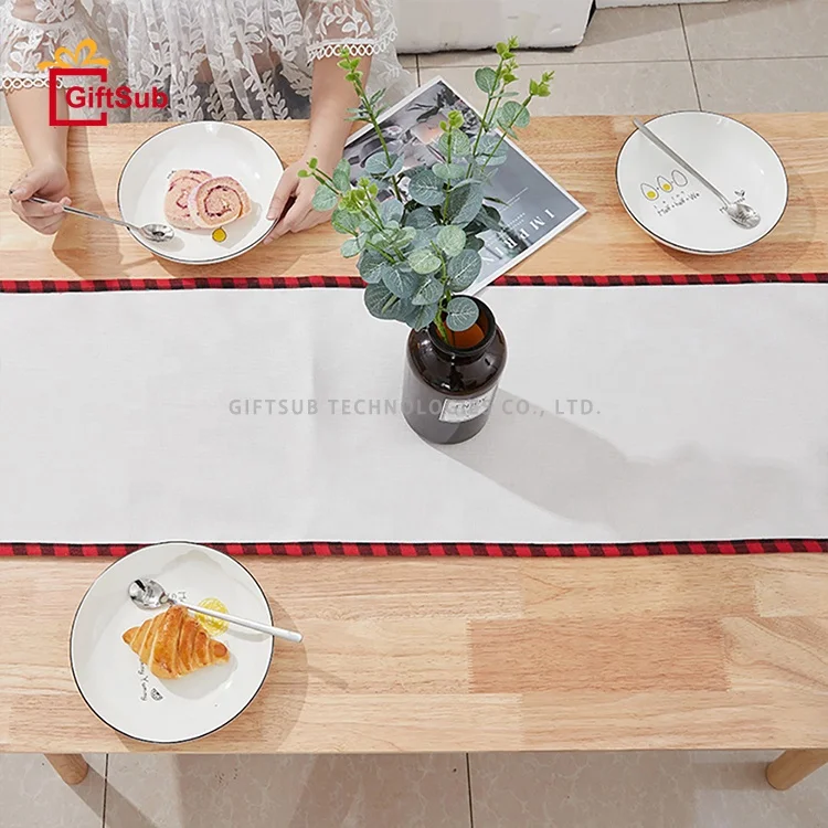 Wholesale Sublimated Nordic Flower Table Runner Cloth Plaid Cotton Linen Round Corner Table Runners for Christmas Wedding Decor