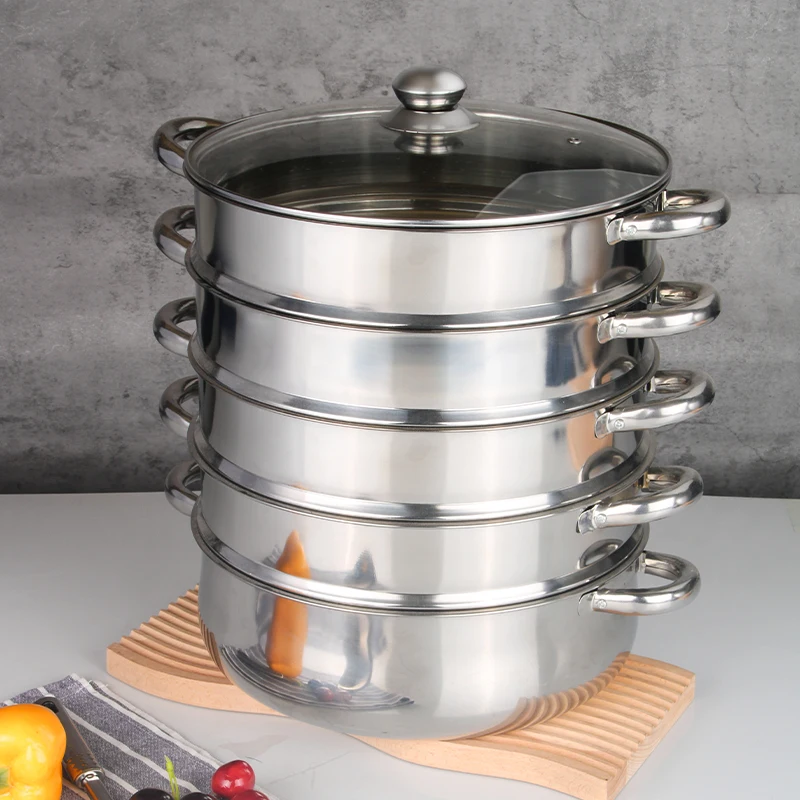Durable Commercial Dumpling 5 Tier Steamer with Glass Lid For Home Office Steam Cooking Easy Cleaning