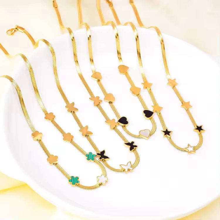 Bijoux en acier inoxydable Star Flower Charm Bracelet Necklace Jewelry Set Snake Chain Shell Butterfly Heart Necklace for Women