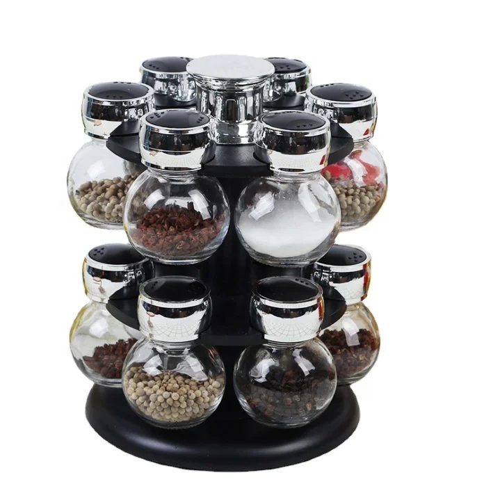 12 or 16 jars Revolving Spice Rack Set Kitchen Rotating Counter top Spice and Salt Rack set with jars for cooking OEM welcome