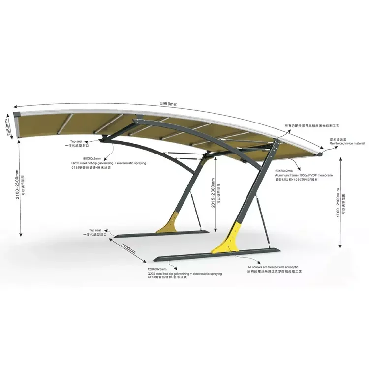 Home PVDF Roof Wind Resistant portable garage solar aluminum carport structure Waterproof Steel Car Parking Shed Tent