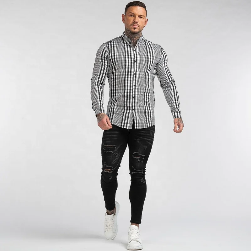 Gingtto Custom Logo Mens Shirts Stretch Fashion Casual Shirts Autumn Slim Fit Checked Shirts For Men